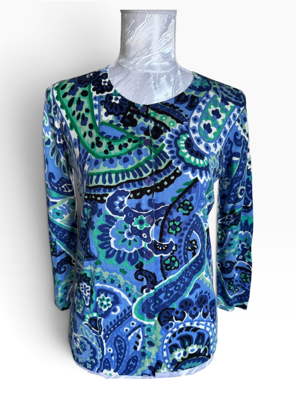 Talbots Women’s Long Sleeve Paisley Print cardigan in Blue & Green NWT
